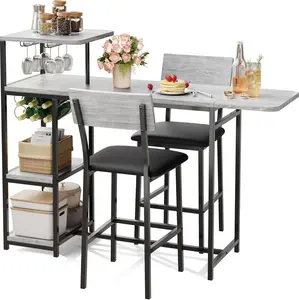 Dining Table Set for 2 3-Piece Expandable Bar Table and Chairs Set with Storage Shelves and Wine Rack Small Kitchen Dining Set for Living Room Apartment-B