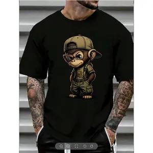 Men's Cartoon Monkey Print Round Neck Tee, Regular Fit Casual Comfy Streetwear Short Sleeve Crew Neck T-shirt for Summer, Fashion Men's Top for Daily Wear