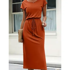 Women'S Fitted Polyester Dress, Solid Crew Neck with Fake Drawstring, Knit Fabric, 210g/m², for Spring/Summer/Fall - NVZHUANGLIANGYIQUNG