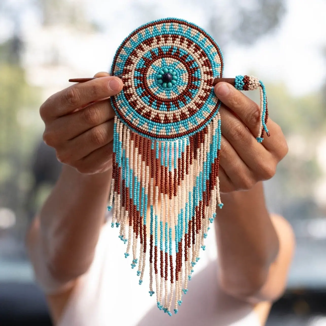 Cream Tiara - Native Beaded Hair Barrette in Elegant Brown & Blue - Handmade by Mexican Artisans - Mother Sierra