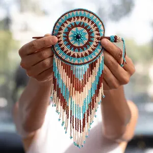 Cream Tiara - Native Beaded Hair Barrette in Elegant Brown & Blue - Handmade by Mexican Artisans - Mother Sierra