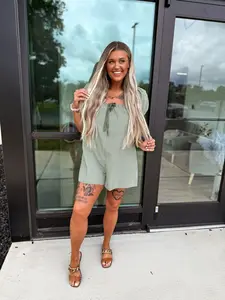 Gingham Romper With Short Puff Sleeves in Olive Green