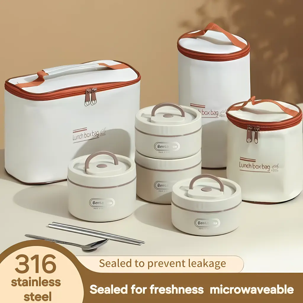 Premium portable insulated lunch box set, 316 stainless steel heated bento container, microwave-friendly multi-layer design with 420 ml and 620 ml compartments, beige durable leakproof food storage box, includes insulated bag and complete tableware, perfe