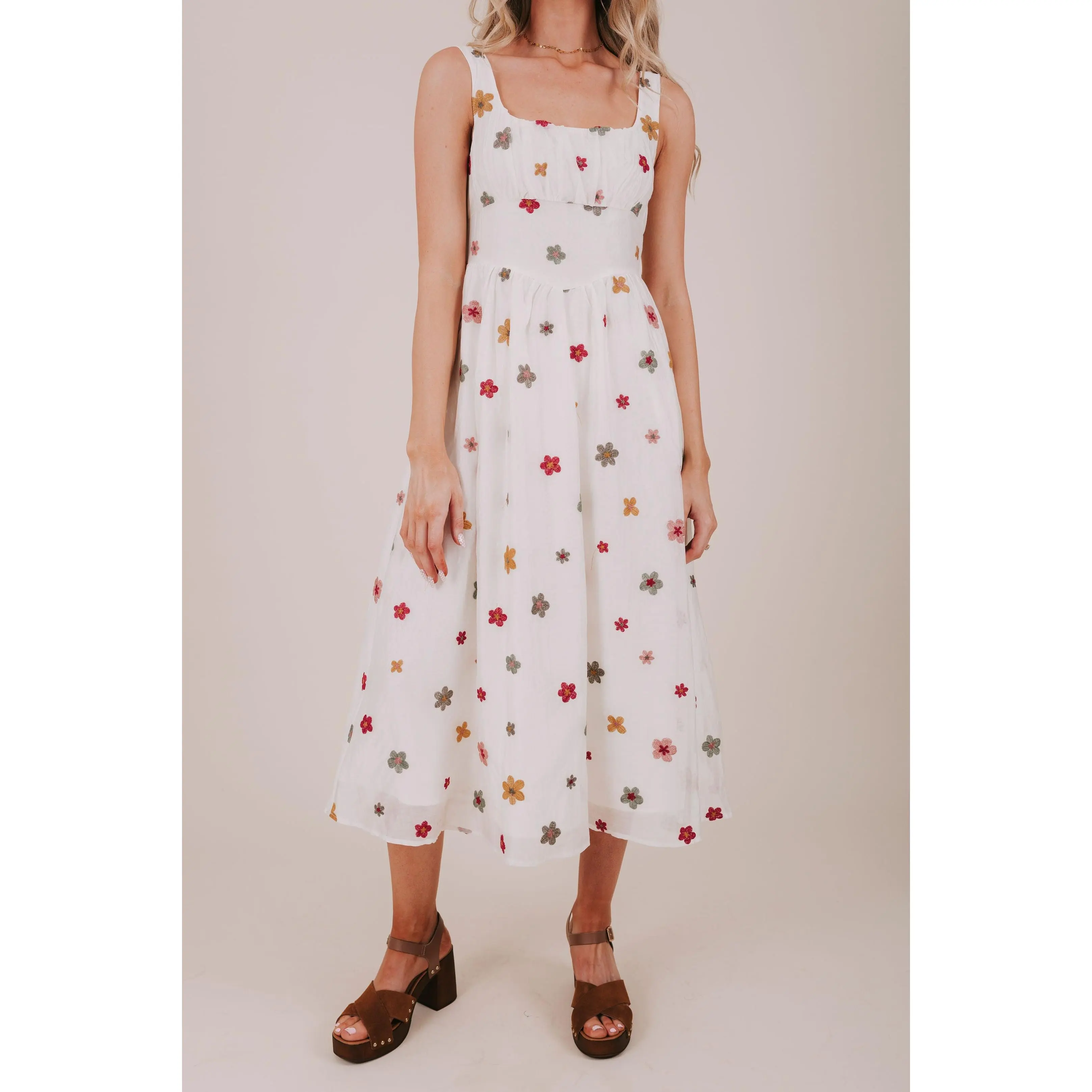 Women's Inclusive Sizing Embroidered Dress - Dressy, Floral Design, Elegance-Focused Casual Dress, Flowers, Midi Dress