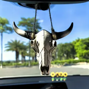 Mini Rustic Resin Bull Skull Car Interior Decorative Ornament, Vintage 3D Animal Skeleton with Realistic Horns, Farmhouse Style Artificial Animal Decor