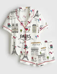 Women’s Paris France Vacation In Paris Europe Trip Short Sleeve Silky Satin Pajama Set, Unique PJs with Design, Matching Family Sleepwear Set, Satin Pajama Set For Men Women Kids