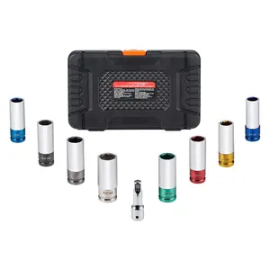 1/2 inch Drive Lug Nut Impact Socket Set - 8 Lug Nut Sizes Metric and SAE 6-Point Deep Socket CR-MO Steel Wheel Socket Set with Storage Case and Extension Bar for Auto Repair