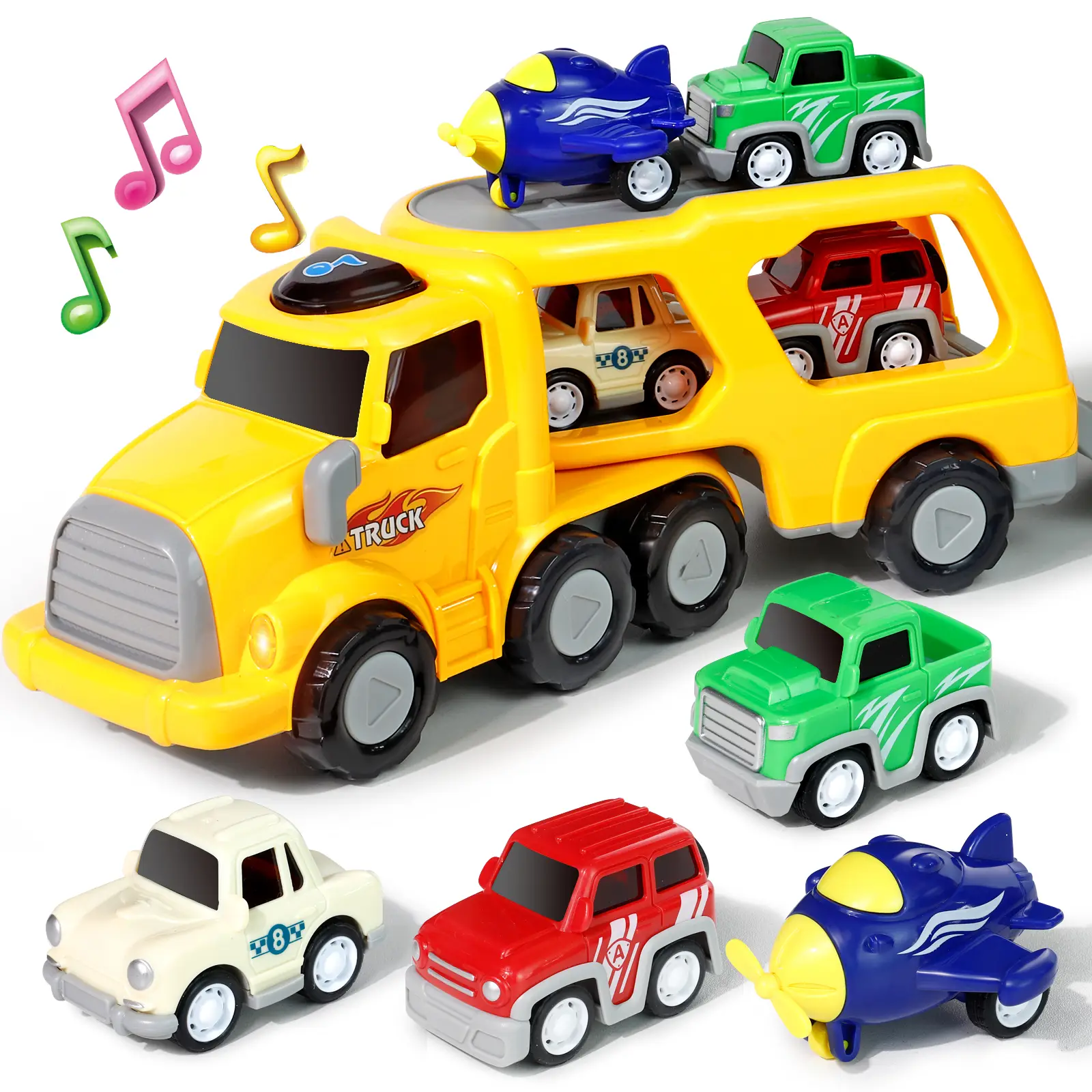 Car Transport Truck Toy for Kids with Lights & Sounds 3 Small Cars & 1 Mini Plane