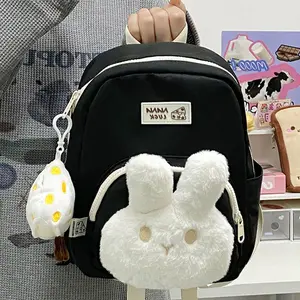 ️Cute Rabbit Decor Black Mini Backpack with White Plush Bunny Pocket & Egg Charm Y2K Aesthetic Casual Bag for Students & Daily Outings