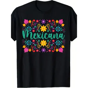 Mexicana Latina Mexican Women'S T-Shirt - Vibrant Mexican Floral Print with Cacti & Marigolds, MEXICANA Lettering, 220gsm Heavyweight Pure, Unisex Retro Round Neck Short Sleeve Tee for Men & Wome