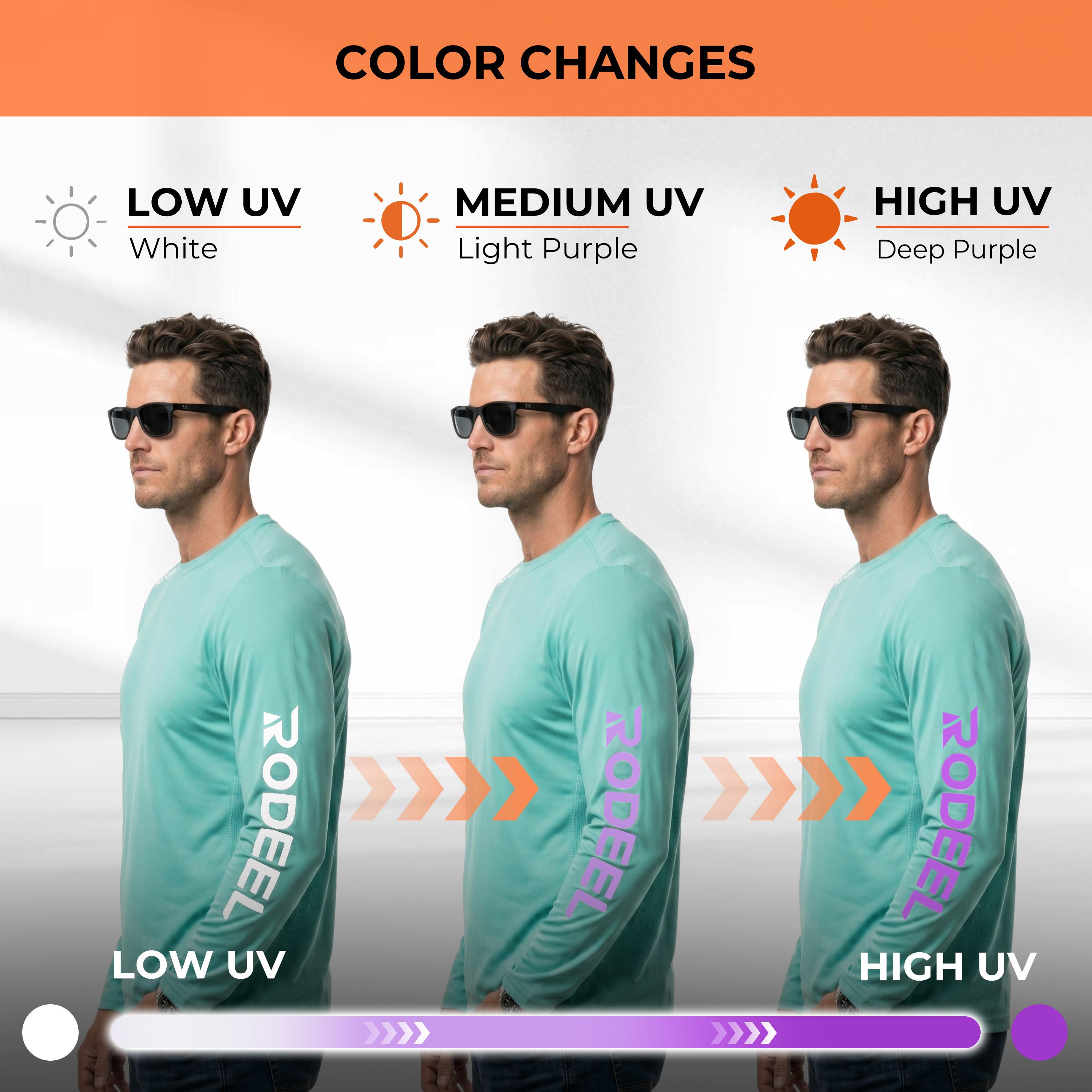 【FathersDayGift】RODEEL 961 Sun Shirts w/ UV Detection Logo Breathable Mesh Panel Men UPF 50+ Sun Protection Long Sleeves Sport T-Shirt Lightweight Quick Dry Moisture Wicking Breathable Activewear for Outdoor Fishing Boating Hiking Running SummerWins