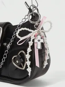 Y2K Pink Bow Pearl Cross Keychain - Cute Bag Charm for Teenage Girls, White Cross, Perfect for Students and Cute Lovers - Beautiful for Backpacks, Wallets, Phones, Gift Bags