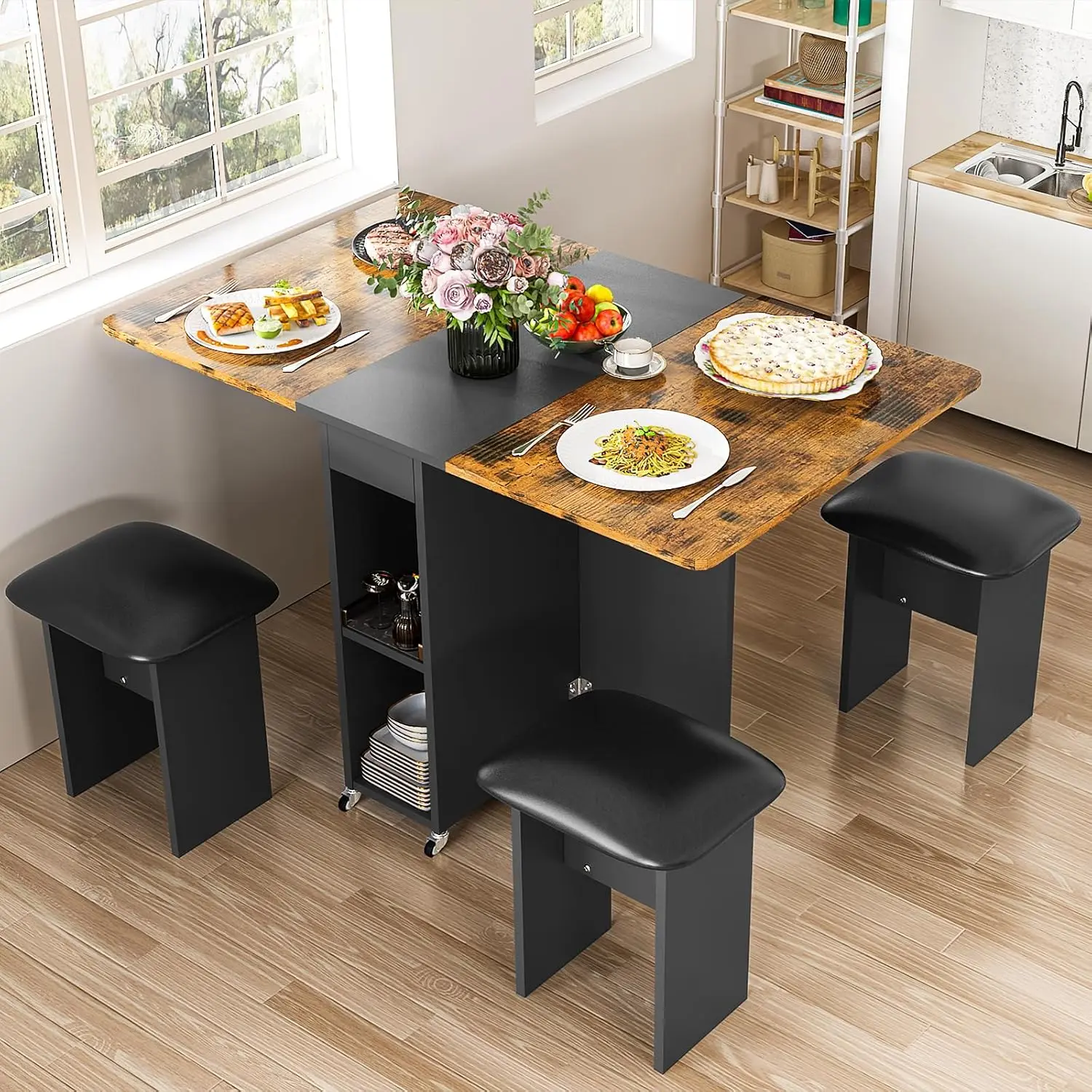 Lamerge Folding Dining Table Set for 4, Dinner Table with 4 Leather Chairs and Shelves, Space Saving Foldable Dining Table with 6 Wheels, Kitchen Table for Small Spaces decathlon foldable chair Springtok Decoration Cabinet Adjustable