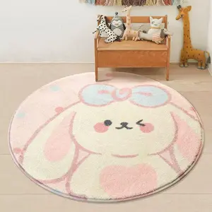 Cute Cartoon Rabbit Pattern Round Floor Mat, Non-slip Soft Floor Carpet, Decorative Area Rug for Home Living Room Bedroom Bathroom