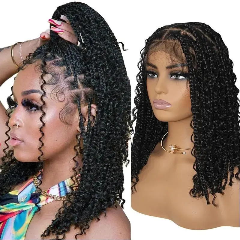 Short Bohemian Curly Braided Full Lace Front Wigs Knotless Box Braids Bob Wig For Women 12' Synthetic Locs Goddess Cornrow Braids Honey Blonde #27 #613 #1B Colored Wig, Lace Frontal Wigs, Braids Hairstyles