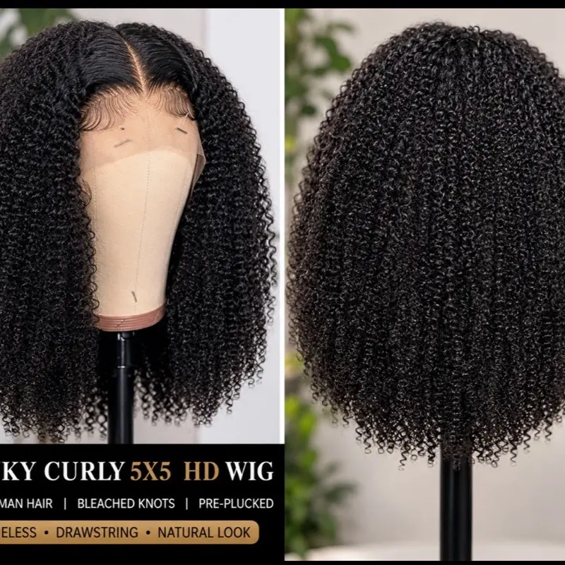 Kinky Curly 5x5 HD Lace Glueless Wig Human Hair, Bleached Knots, Pre-Plucked, Drawstring, Black & Brown (1B/30), 12” & 14”