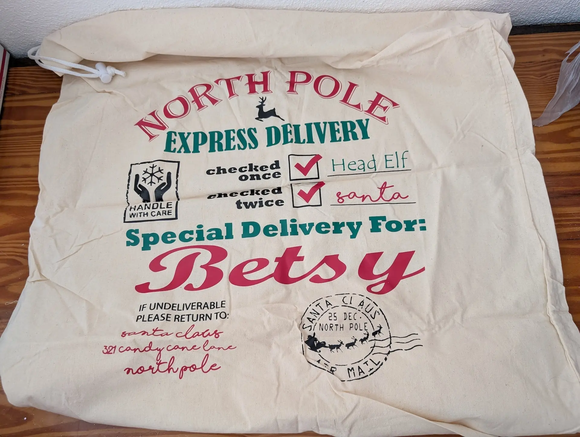 Personalized Santa Sack from Unknown -  Linens (Canvas Gift Packaging, Traditional, Farmhouse, Cream, Red, Green)