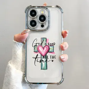 God is Good & Cross Heart Pattern Phone Case , Electroplated Cover with Airbag Shockproof Slim Soft TPU Cover for iPhone X 11 12 13 14 15 16 17 Pro Max Plus Air