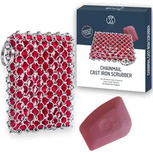 Cast Iron  Kit + Pan Scraper - 316 Cast Iron Chainmail  - Skillet Cleaner  - Cast Pan  Cleaner - Chainmail Chain  -  Sponge - Dishwaher Safe