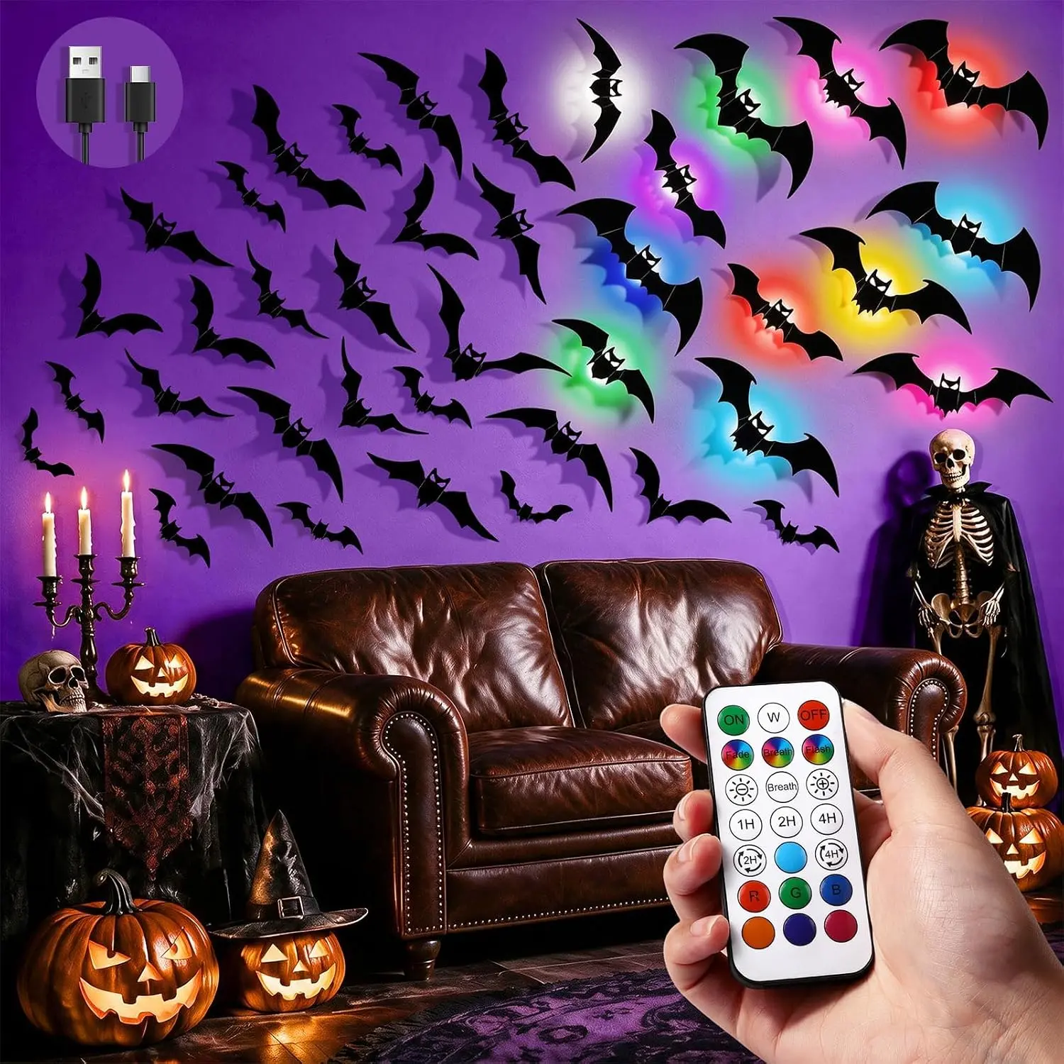 48P Bats Halloween Decorations + 12P Rechargeable Lights with Remote