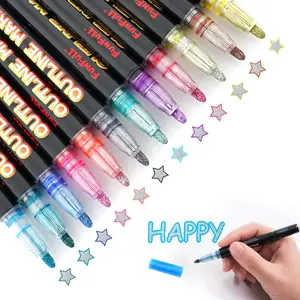 Double Line Outline Glitter Marker Pen Set, 12pcs Super Squiggles Shimmer Outline Marker Pen Set, Self Outline Metallic Markers Drawing Pens, Art Markers