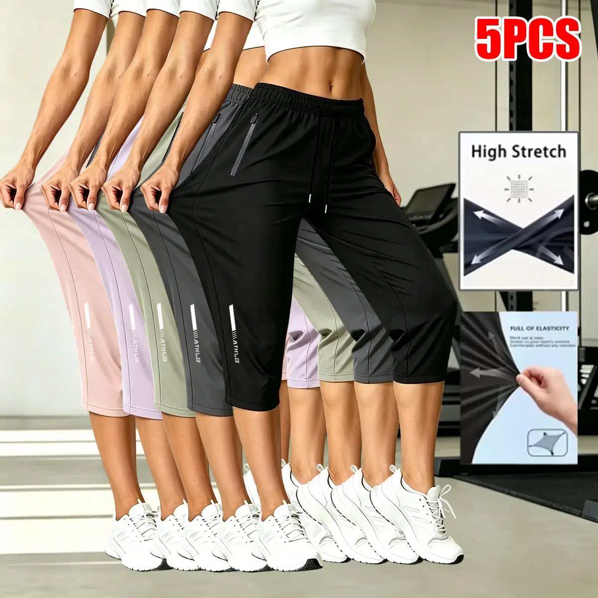 5-Pack Women’s Summer Casual Athletic Pants – 7/8 Length, Printed Cuffs, Available in Multiple Colors, Machine Washable, Slight Stretch, Two Side Pockets, Suitable for Exercise, Yoga, Jogging, Sports, and Everyday Casual Wear