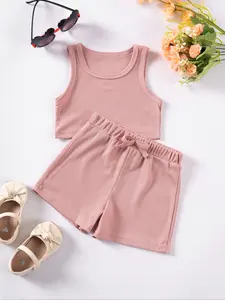 Two-Piece Set Toddler Girl's Solid Ribbed Tank Top & Bow Decor Shorts, Cute Casual Sleeveless Top & Shorts for Summer, Kids Clothes for Daily Wear Outfit