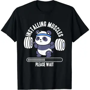 100% Cotton Printed Street-Style T-Shirt Muscle Building Fitness Panda Weight Lifting Barbell Workout T-Shirt