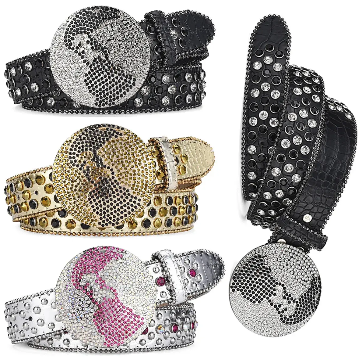 Western Leather belt BlingBling Diamond round buckle water Crystal diamond belt punk style Unisex PU Synthetic belt