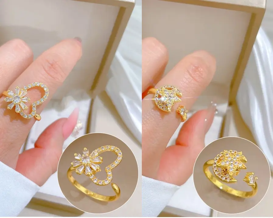 Moon Star & Heart Open Ring Set, Sparkly Adjustable Stackable Rings