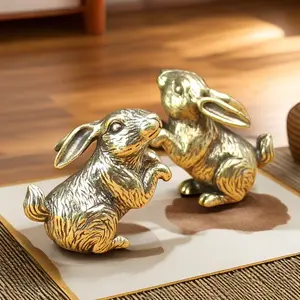 2-Piece Metal Brass Standing Rabbit Figurine Statue Set, Pure Copper Handmade Vintage Easter Bunny Decorations, Office Desktop Ornament