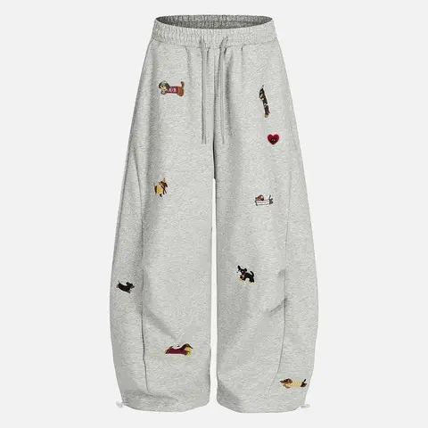 Aelfric Eden Women's Cotton Blend Baggy Sweatpants Bottoms, Cute Puppy Graphic Embroidery, High-Waist Wide-Leg, Drawstring Elastic Waist, Pockets, Casual Outdoor Pants for School Coffee, Streetwear Clothing for Women Joggers