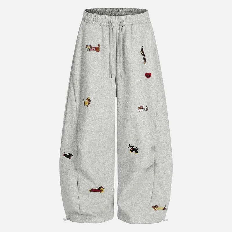 Aelfric Eden Women's Cotton Blend Baggy Sweatpants Bottoms, Cute Puppy Graphic Embroidery, High-Waist Wide-Leg, Drawstring Elastic Waist, Pockets, Casual Outdoor Pants for School Coffee, Streetwear Clothing for Women Joggers