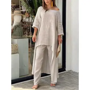 Women’s Cotton-Linen Long Pants Two-Piece Set – Fashionable Solid Color, Casual, Asymmetrical Top, Wide-Leg Pants, Suitable for Office Ladies