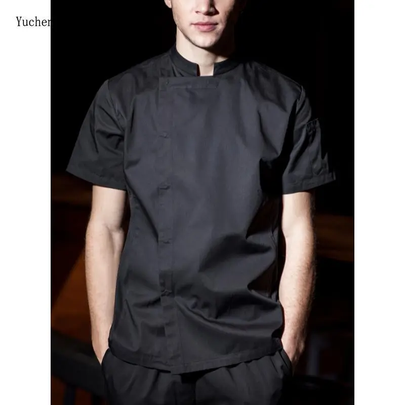 Men's Lightweight Chef Uniform – Breathable Short Sleeve, Stand Collar, Oil & Stain Resistant for Restaurants Clothes Black