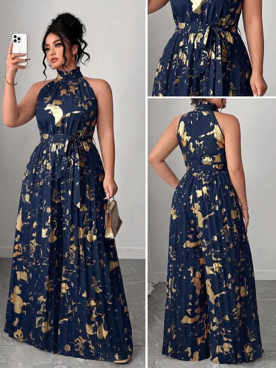 Women's Plus Size Gold Foil Geometric Print Pleated Halter Sleeveless Satin Jumpsuit with Elastane, Flattering Fit, Ideal for Evening Party, Vacation (2XL, 3XL, 4XL)