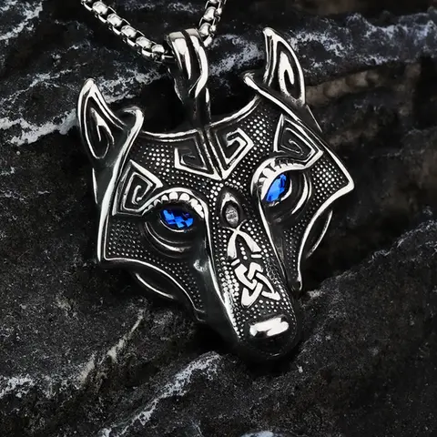 Viking Wolf Head Geometric Pendant Necklace for Men, Stainless Steel Chain, Nordic Mythology Jewelry, Unique Bold Style Punk Aesthetic, Perfect Gift Idea, Men Accessories