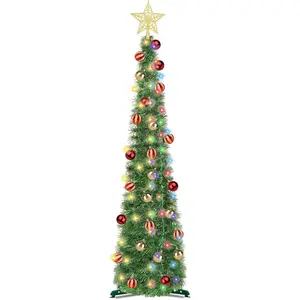 5 Ft Pop Up Christmas Tinsel Tree with Timer Warm White & Multi Color Change Lights Battery Operated Pencil Christmas Slim Tree with 25 Ball Ornaments & Star Xmas Home Indoor Holiday Decor (Green)