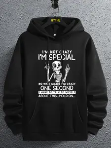 Unisex Men's Skeleton & Letter Print Drawstring Pocket Hoodie, Regular Fit Casual Soft Comfy Long Sleeve Hooded Top for Fall, Men's Clothes for Daily Wear, Halloween, Graphic Print Hoodie