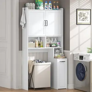 Sikaic Over The Toilet Storage Cabinet with Pulley White Home Organizer Space Saving Furniture