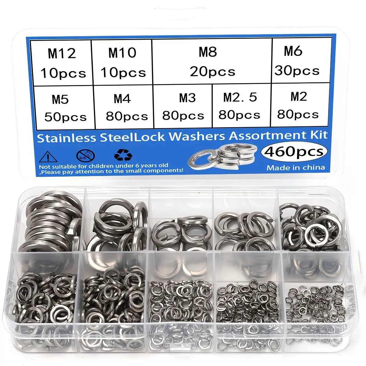 460pcs Generous Quantity Stainless Steel Durable Secure Lock Washer Assortment Kit | M2-M12 Spring Elastic Washers | Anti-Slip Versatile Fastener Components for DIY Projects, Furniture, Automotive & Industrial Repairs