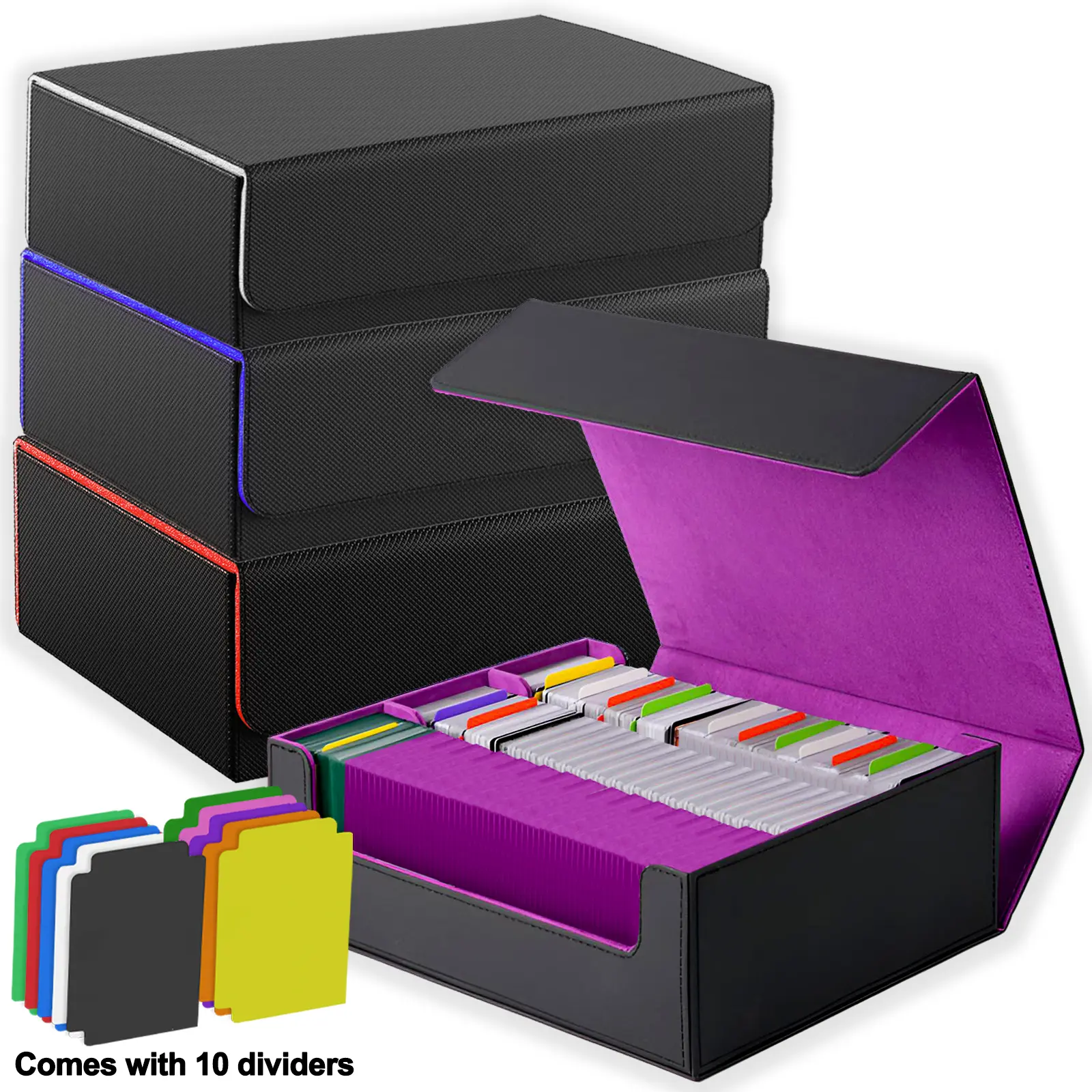 Faux Leather Trade Card Box - 1800+ Capacity Storage Accessory with 10 Dividers Included for PTCG, MTG Commander Decks & Sports Cards