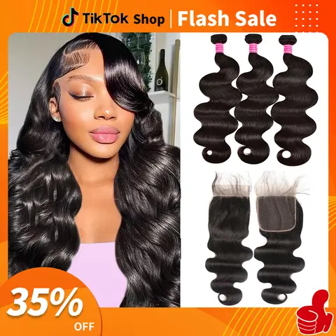 ROYAL IMPRESSION Women's Body Wave Human Hair Extensions - 3/4 Handmade Bundles with 5x5 HD Lace Closure, 100% Brazilian Virgin Pre-Plucked Natural Color for Sew-In Quick Weaves
