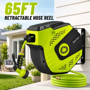65FT Retractable Garden Hose Reel, Wall Mounted Water Hose Reel with Auto Rewind, 180° Swivel Bracket, Lock at Any Length, Heavy Duty Outdoor Hose Reel with Spray Nozzle