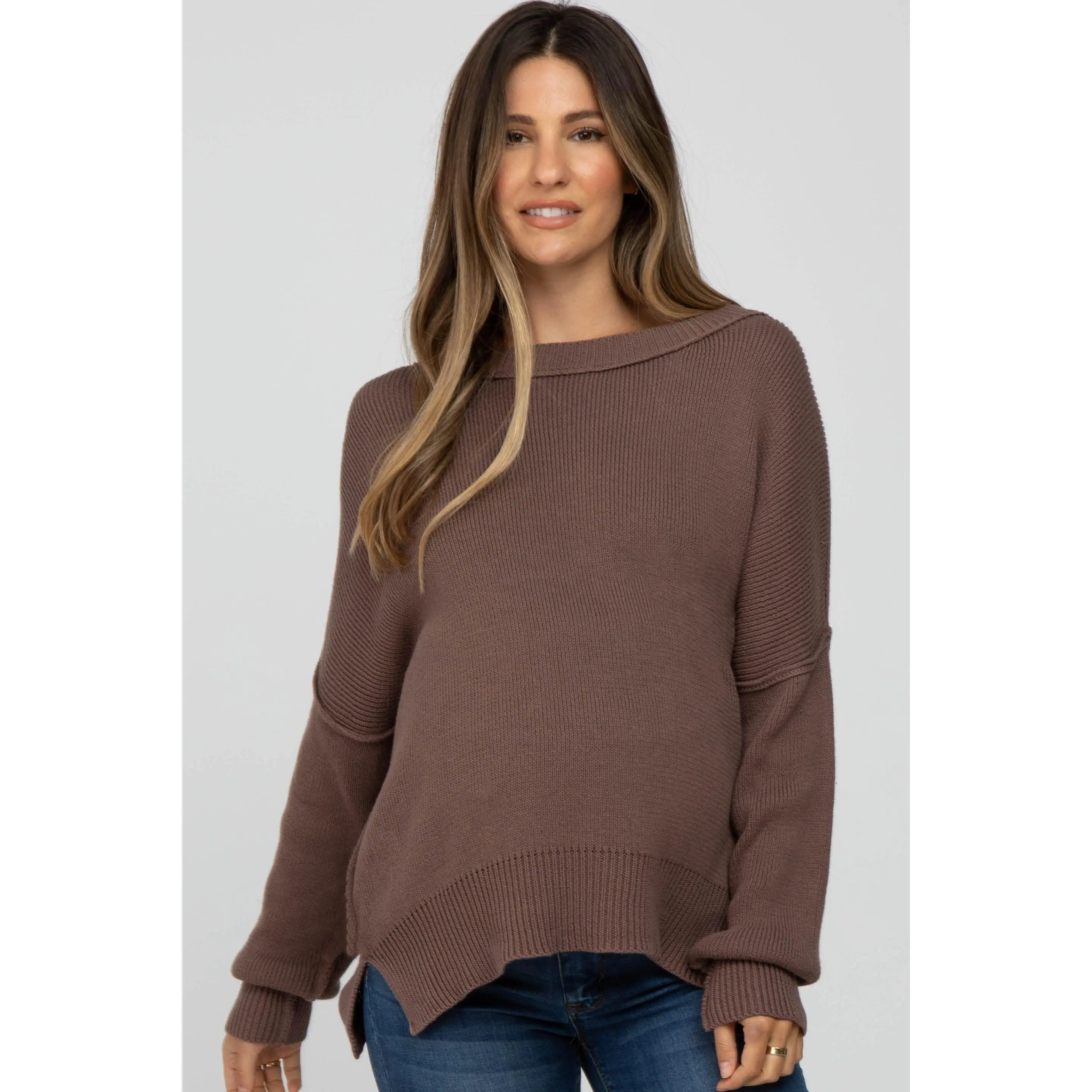 Women's Brown Exposed Seam Side Slit Long Sleeve Maternity Sweater, Pregnancy Must Haves Maternity Apparel for Bump Comfort