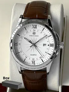 1PC men's wristwatch, Leather Strap Watch, Business fashion watches, IPS silver stainless steel case, simple date display, quartz movement, luminous, Roman numerals & bar scale, high-end business watch, for daily use, gift for father or male friend