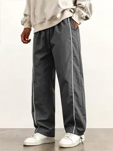 Men's Quick Dry Casual Sporty Pants, Side Stripe Drawstring Cuffed Joggers, High Street Versatile Straight Track Pants