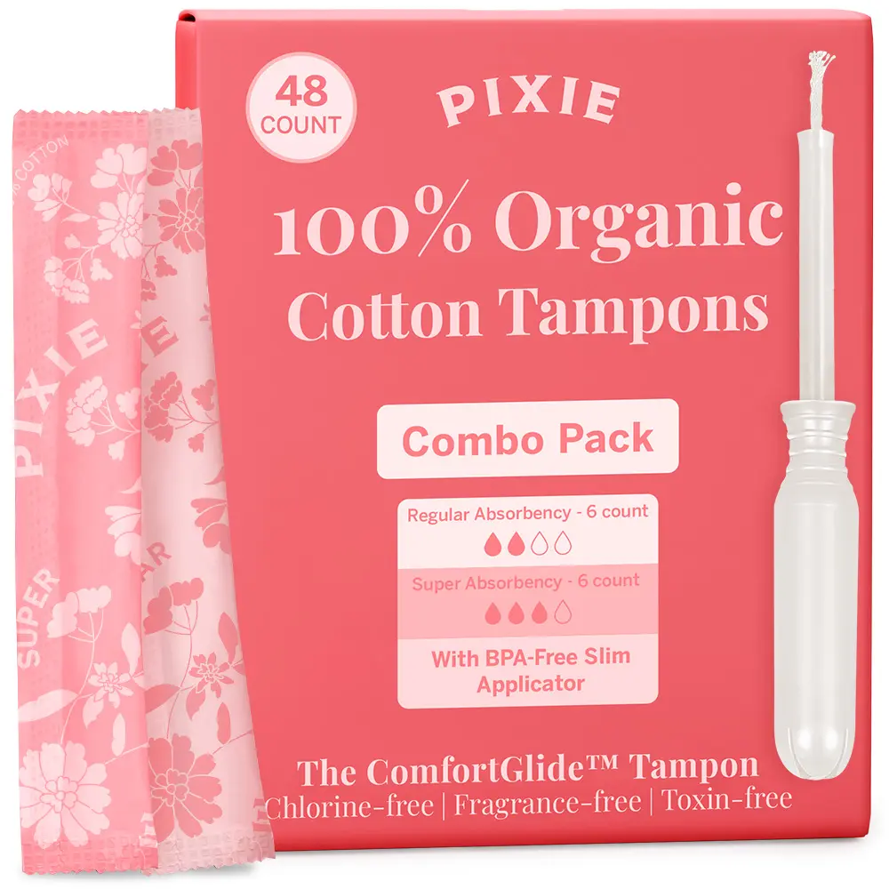 Pixie Organic Cotton Tampon Combo Pack – Regular & Super Absorbency – BPA-Free Long Applicator – Unscented, Chlorine-Free Feminine Care – 48 Count