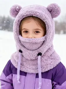 Kids' Winter Plush Beanie, Upgraded Dual-Ear Design, Windproof Thermal Full-Face Mask, Soft Fleece for Ages 3-10, Perfect for Skiing & Outdoors