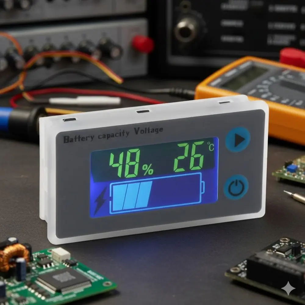 Smart Battery Monitor: Smart Voltmeter 10-100V LCD Display for Lithium & Lead-Acid. Real-Time Voltage, Temp, % Capacity for RV, Solar, Golf Cart, Boat. Accurate Health & Charge Indicator for 12V, 24V, 36V, 48V Batteries. Battery Checker